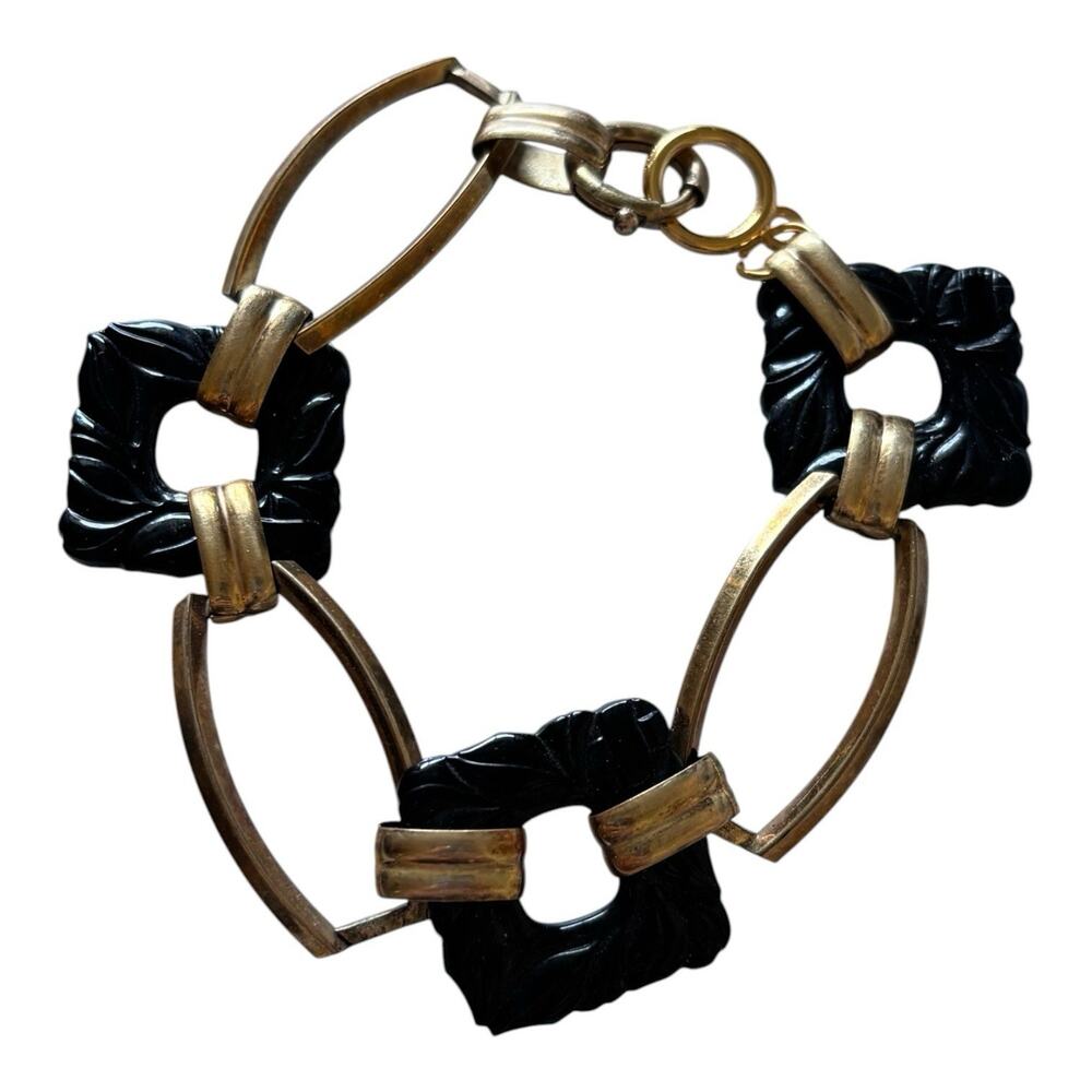 Gold Tone Black Lucite Link Bracelet Oval Open Rectangle 8”